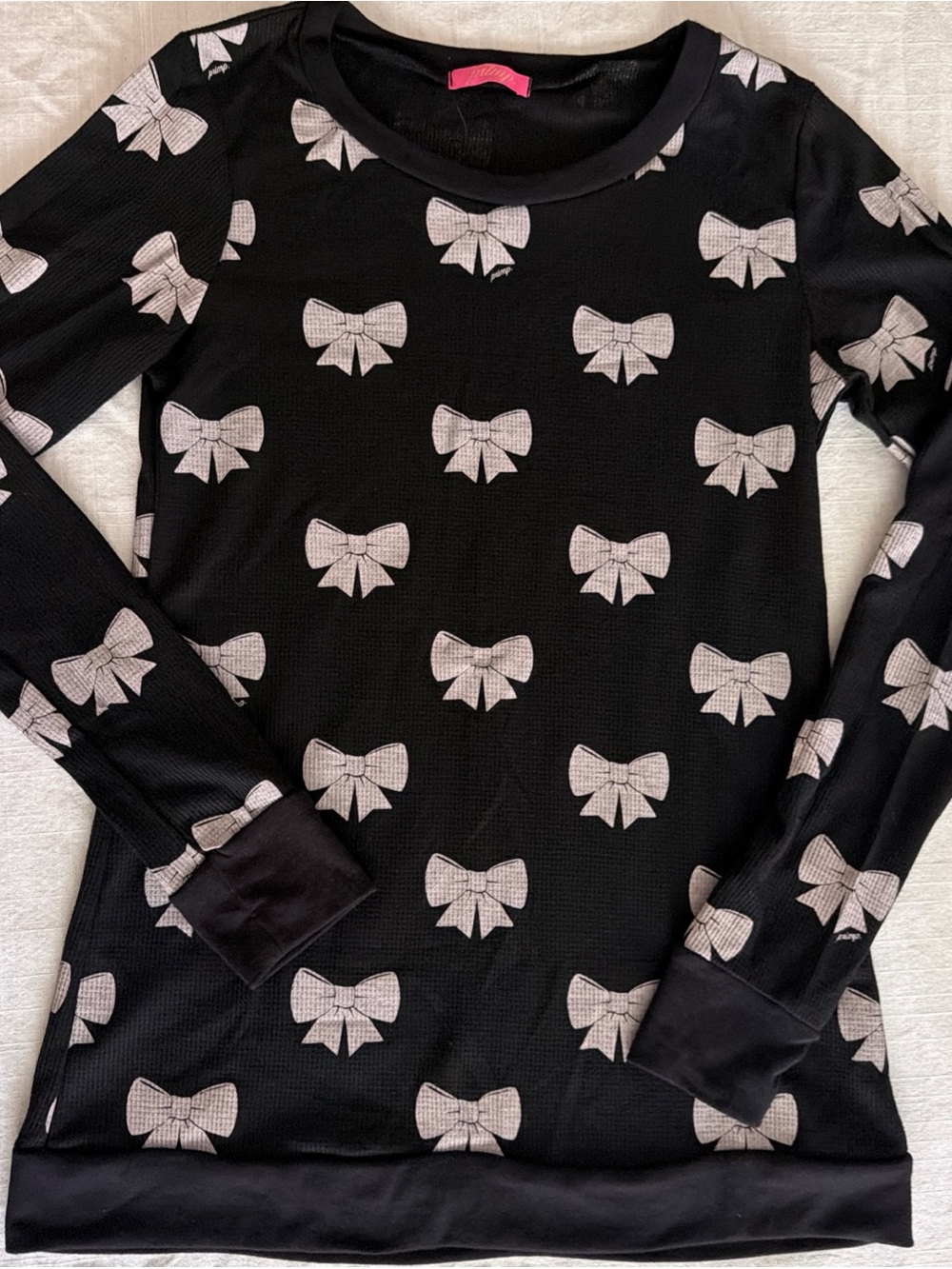 Vintage PRIMP Black Waffle Thermal Bow Print Long Sleeve Shirt L Y2K 2007 Rare